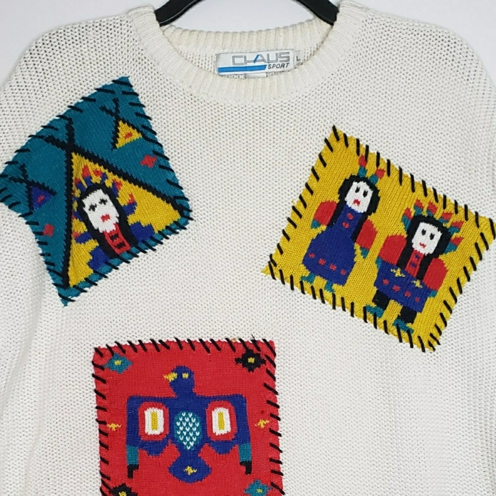 Vtg 80s Knit Patchwork Sweater Native American Mens Size L Claus Sport Unisex